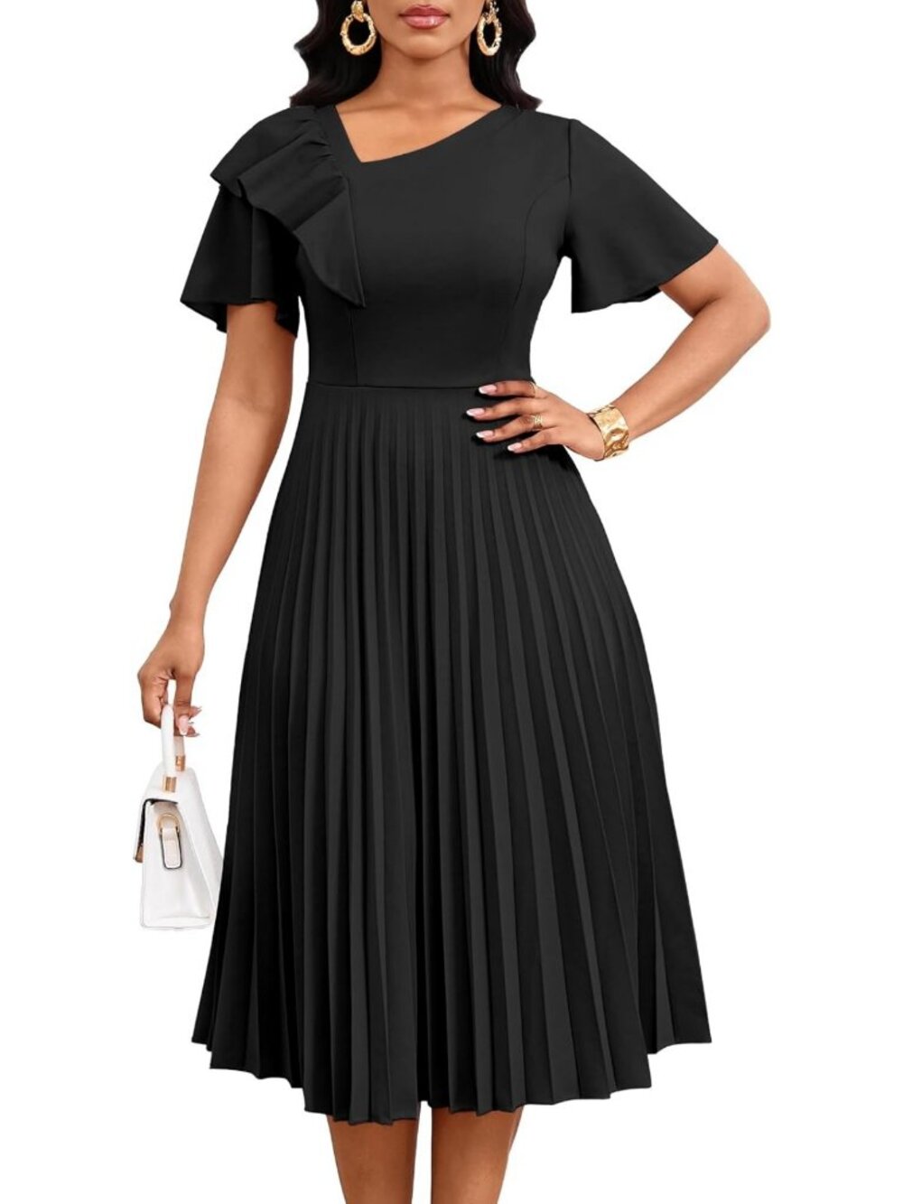 Chic Pleated Midi Dress with Ruffle Short Sleeves - Perfect for Church & Events